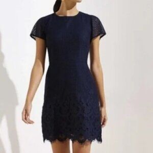 LOFT Eyelet Lace Short Illusion Cap Sleeve Shift Dress Navy Blue Size 6
